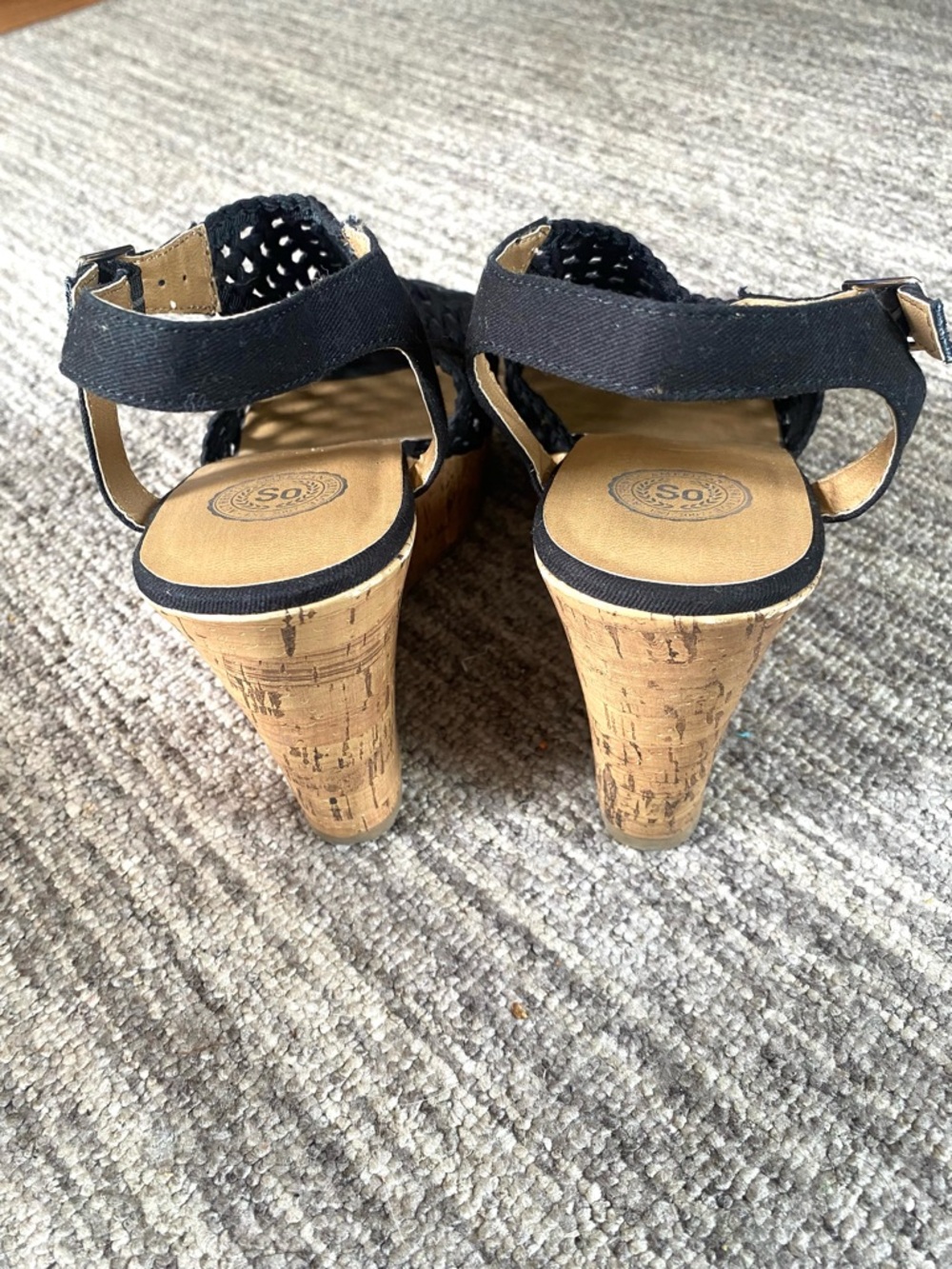 SO Black Woven Slingback Cork Wedge Sandals - Picture 3 of 4